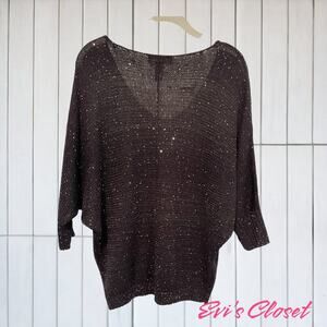 INC INTERNATIONAL CONCEPTS~Black & Silver Sparkle V-Neck Sweater~Medium